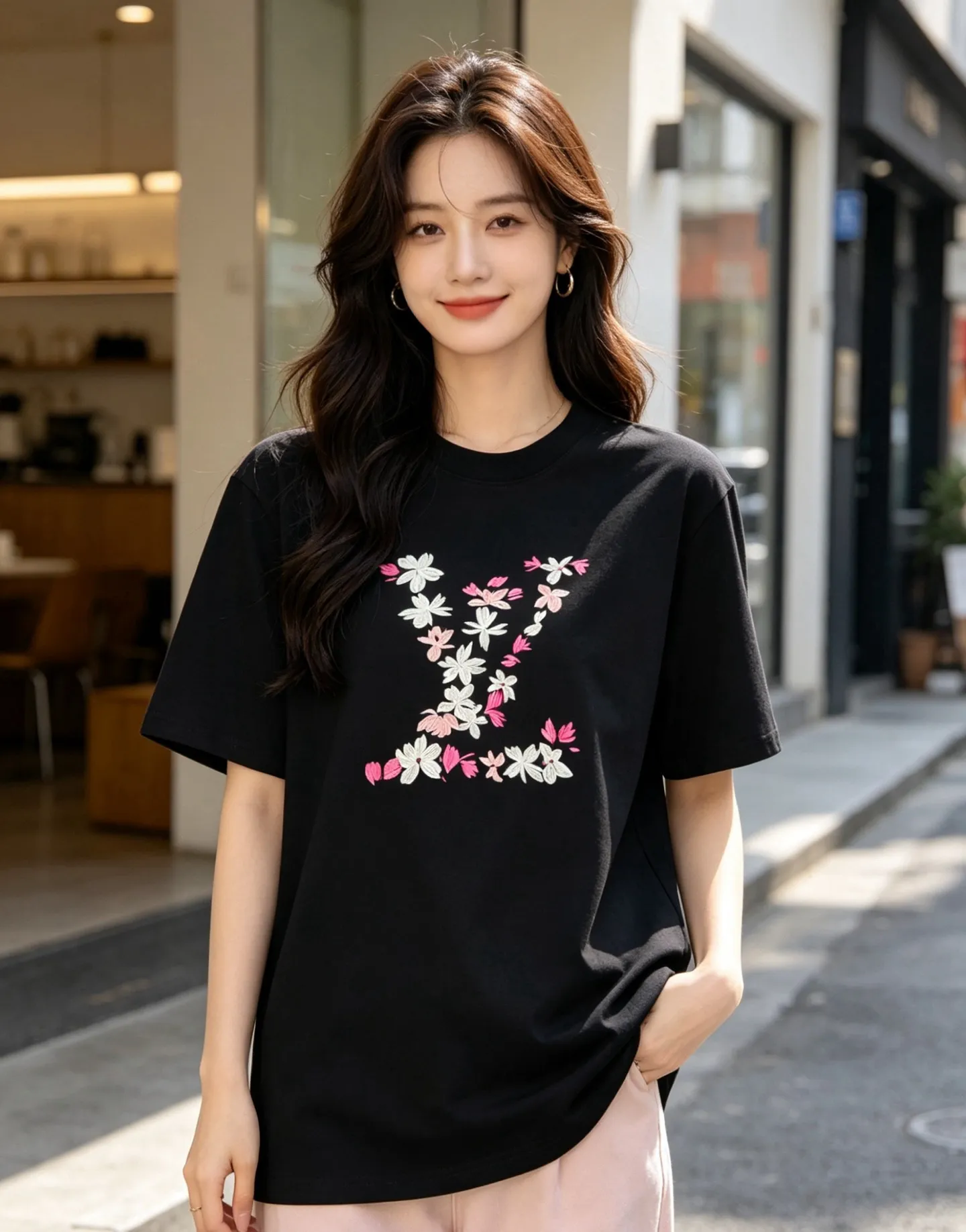 Louis Vuitton/Louis Vuitton 26ss cherry blossom embroidered LV logo short sleeves